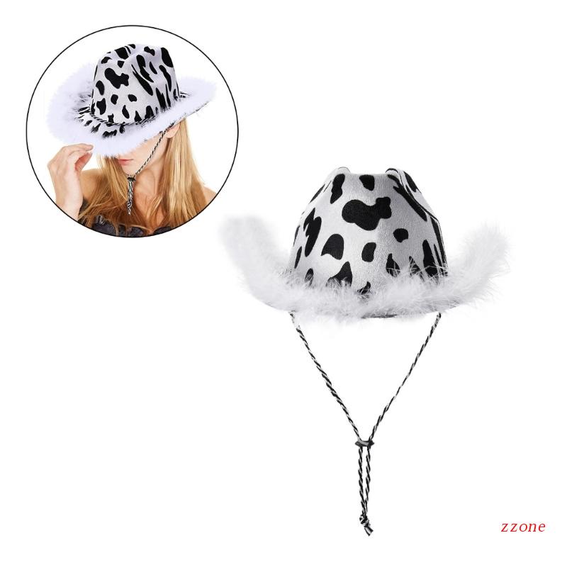 Topi Cowboy Tebal Motif Sapi Warna Hitam Dan Putih Gaya Kasual Untuk Wanita