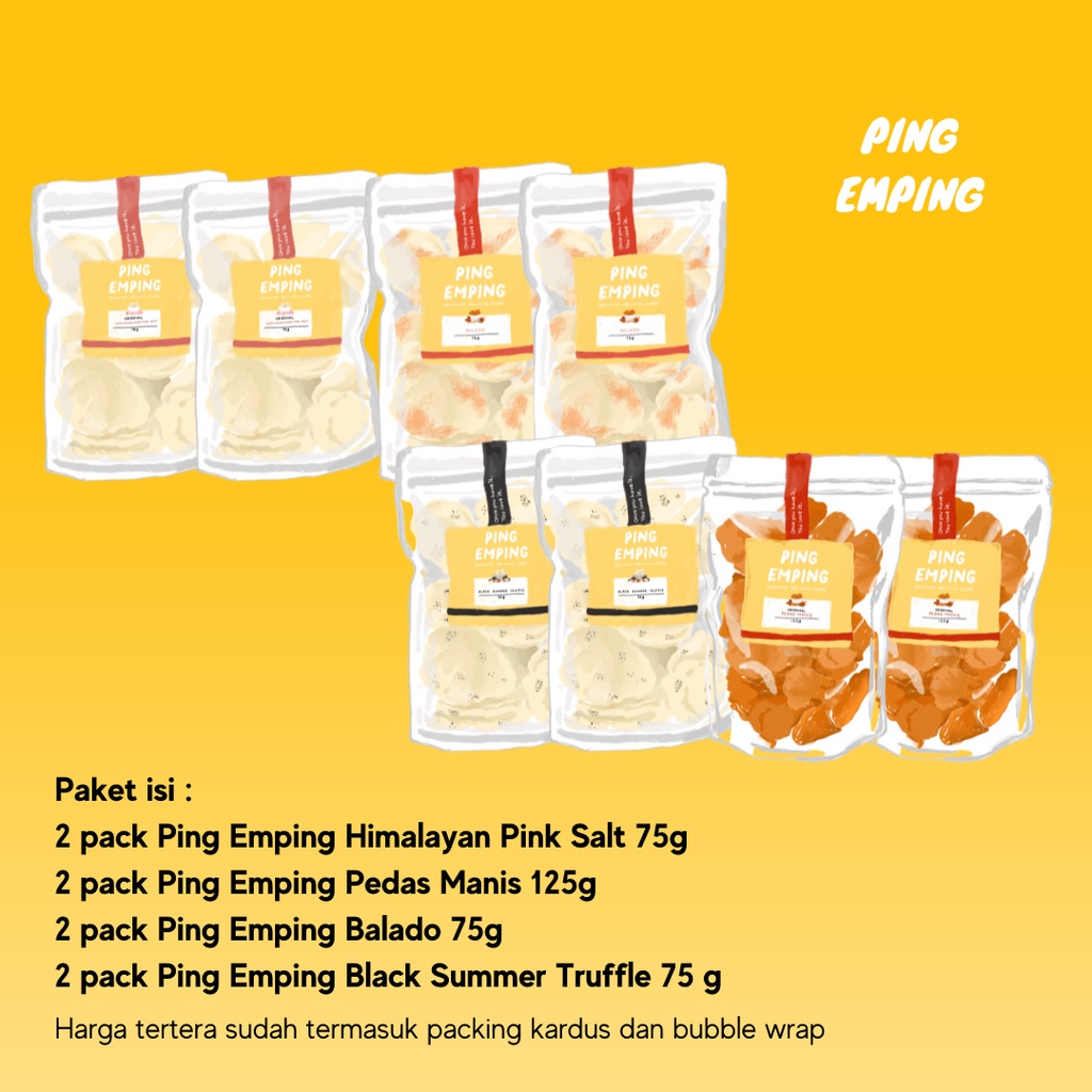 

Paket Box Ping Emping 2 Original , 2 Pedas Manis, 2 Balado, 2 Truffle