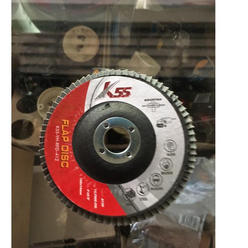 Sikat Sekarang--K55 FLAP DISC MATA GERINDA 4 INCH GRIT 60 K55 AMPLAS SUSUN AMPLAS PENGHALUS TEMBOK B