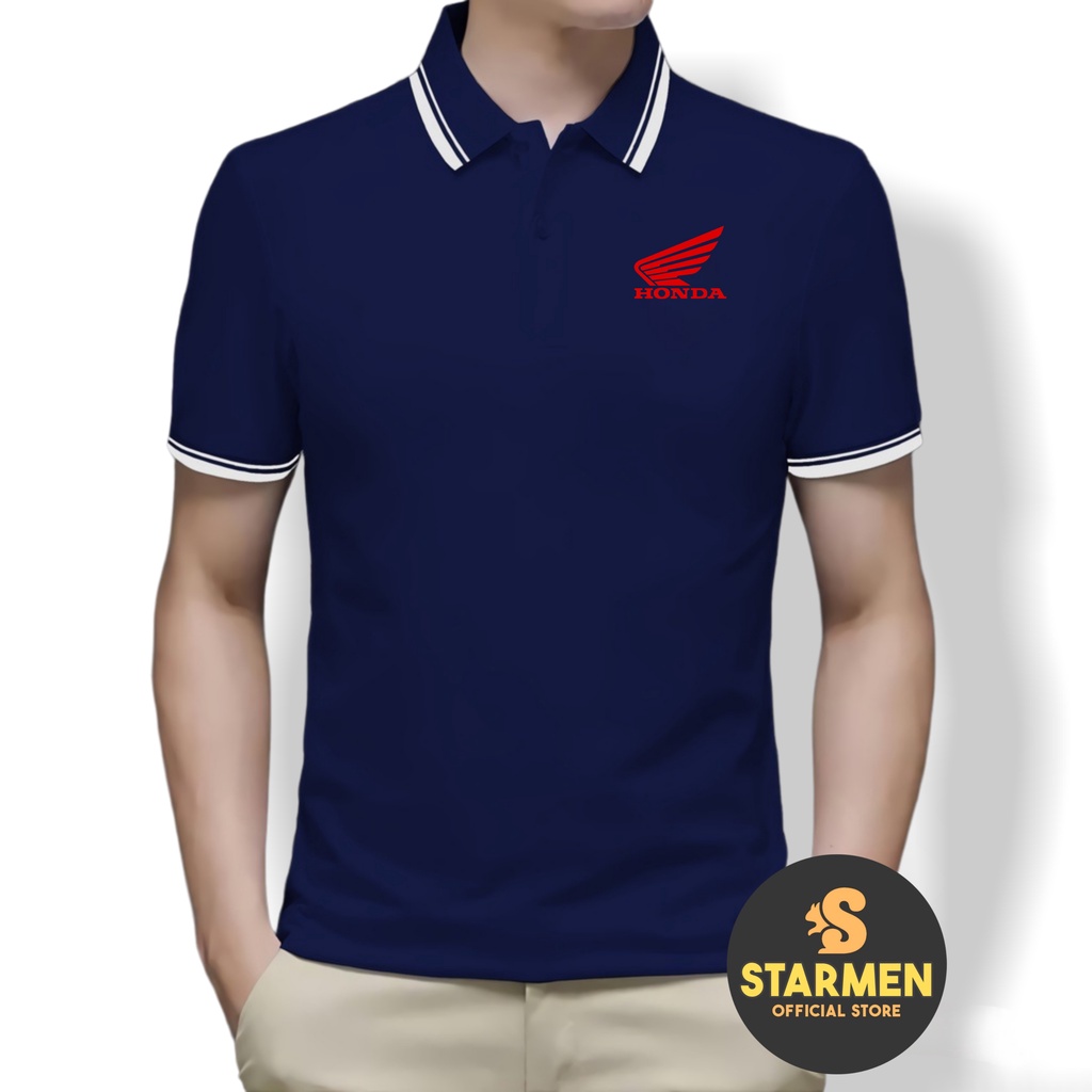 Kaos Polo Shirt Pria Kerah List Putih Logo HONDA RED