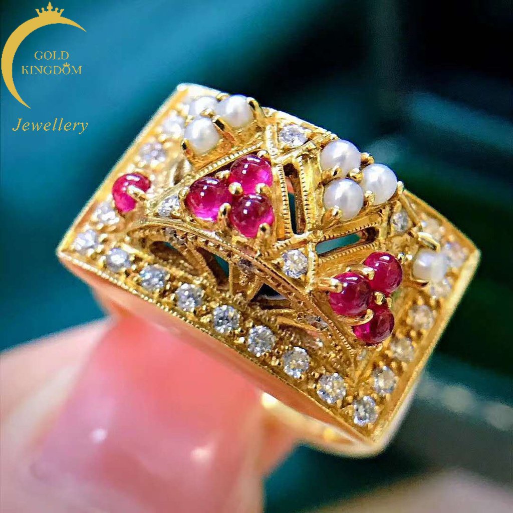 Goldkingdom Perhiasan Fashion 24K Bangkok Aksesoris Ready Stock Cincin Zirkon Hias Berlian Ganda Berlebihan Garnet Mutiara Berlapis 18-karat Cincin Emas Asli Kadar 375 Untuk Wanita
