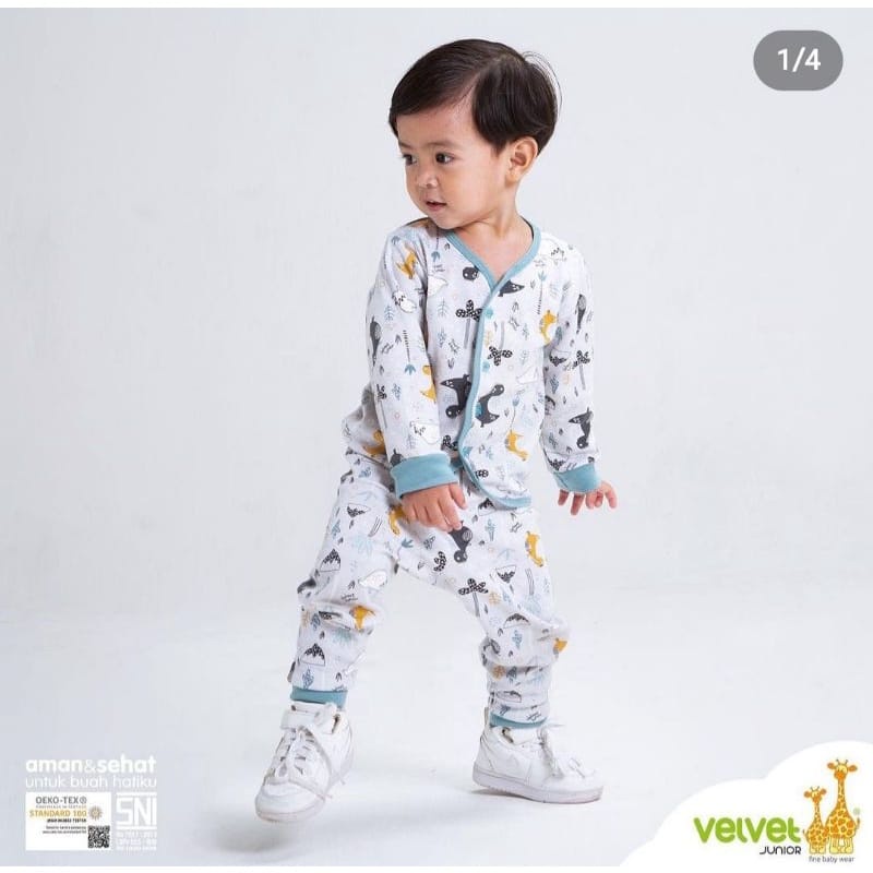 Velvet Junior Stelan Baju Lengan Panjang Kancing Depan &amp; Celana Panjang - Brilliant Blue Series (Isi 3 Pcs)