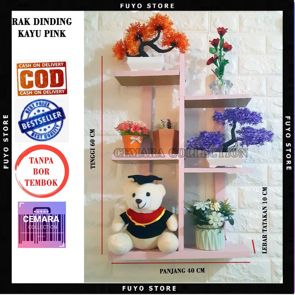 CMRKPI - RAK DINDING KAYU PINK 1 SET 5 TINGKAT | RAK BUNGA HIAS | RAK GANTUNG | RAK DAPUR | RAK BUKU