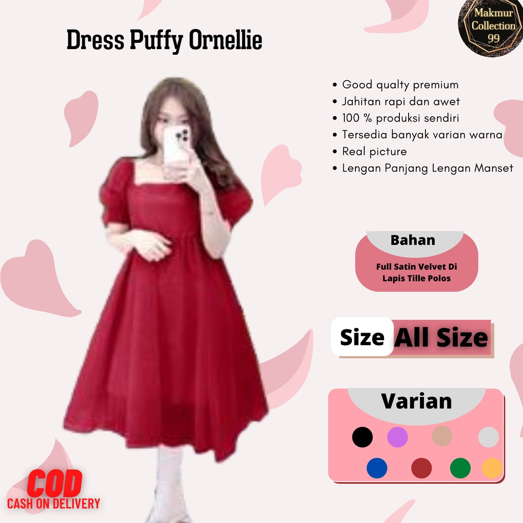 Terbaru Viral Mini Dress Wanita Puffy Ornellie All Size/Gaun Pesta Dan Natal Wanita Remaja Terkini Korean Matt Satin Velvet Mix Tille Polos