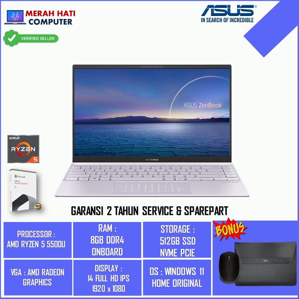 Asus Zenbook UM425UAZ Gaming Amd Ryzen 5 5500U RAM 8GB SSD 512GB 14 FHD RADEON R7 WIN11