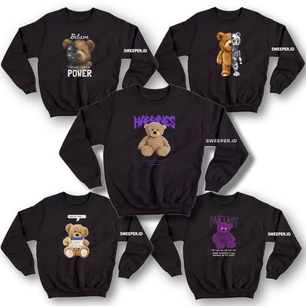 SWEATER CREWNECK TEDDY BEAR CAMPUR WARNA HITAM BAHAN FLEECE BAHAN FLEECE