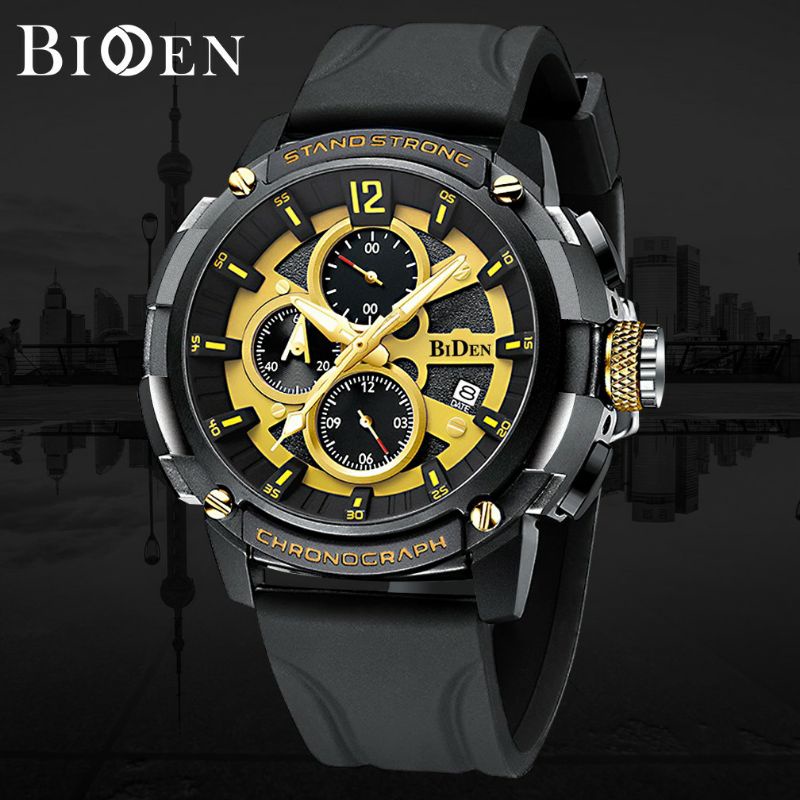 BIDEN Jam Tangan Pria Olahraga Militer Calendar Chronograph  Anti Air Tali Silikon Jam Tangan Terlaris