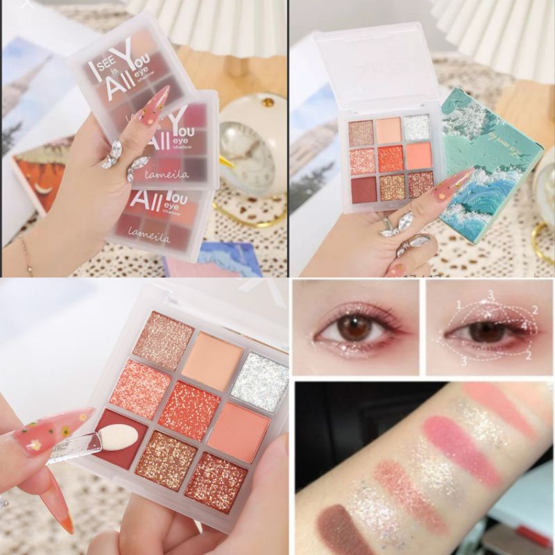 Lameila Eyeshadow Palette 9 Warna Pigmen Gliter