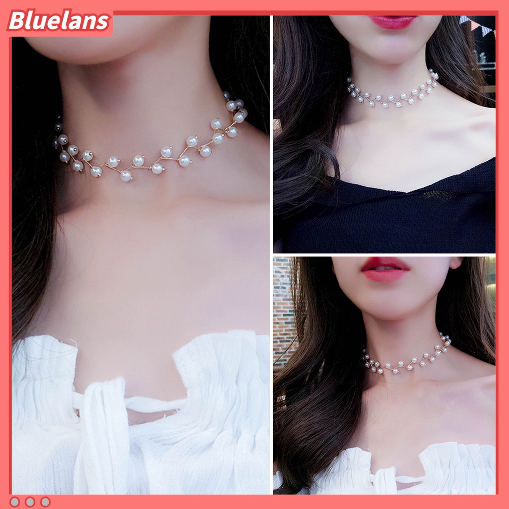 Bluelans Kalung Choker Rantai Klavikula Hias Liontin Mutiara Tiruan Untuk Wanita