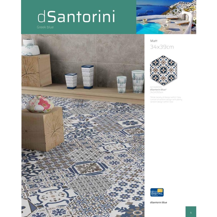 KERAMIK LANTAI 34X39 CM ROMAN HEXAGONAL DSANTORINI BLUE MIX GRADE A