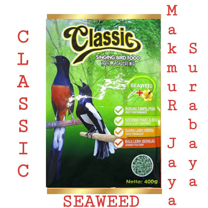 PAKAN BURUNG VOER CLASSIC HIJAU CLASSIC SEAWEED SINGING BIRD FOOD POR berat 400gr