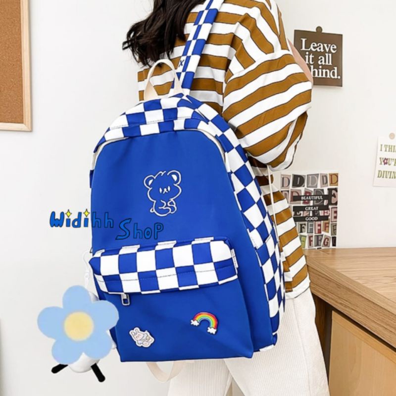 [FREE BROSSPIN] Tas Kotak Kotak Bordir Bear Lucu / Tas Sekolah Polos / Ransel Sekolah Polos / Tas Laptop / Tas Kuliah Korean Style / Backpack / Tas Sekolah Simple / Tas Polos / Tas Simple / Ransel Polos