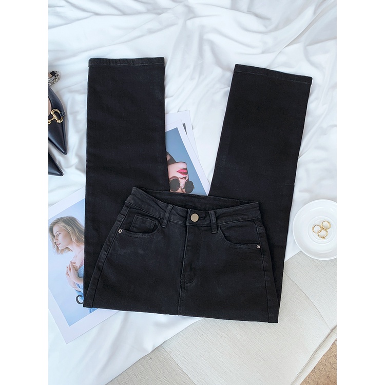 Hitam Highwaist Melar Lurus Celana Jeans panjang Wanita Premium (realpict)