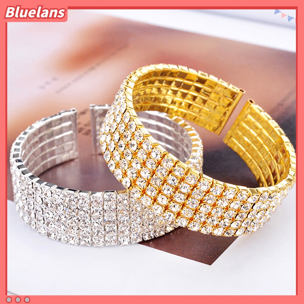 Bluelans Women 5 Rows Clear Rhinestone Wide Bracelet Cuff Open Bangle Bridal Jewelry