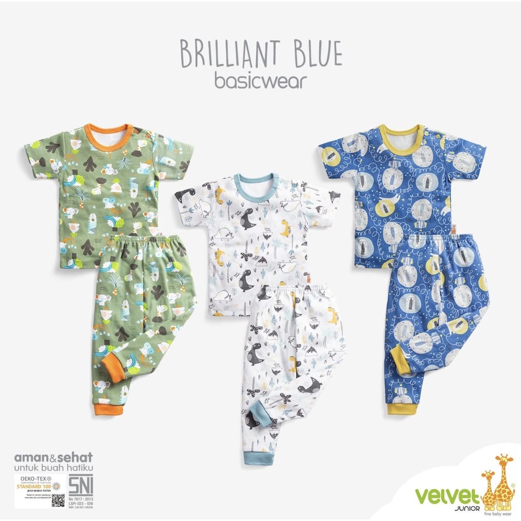 Velvet Junior Stelan Baju Oblong Lengan Pendek &amp; Celana Panjang - Brilliant Blue Series (Isi 3 Pcs)