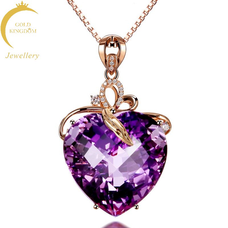 Goldkingdom Perhiasan Fashion 24K Bangkok Aksesoris Ready Stock Berbentuk Hati Amethyst Liontin Emas Asli Kadar 375 18K Berwarna Batu Permata Amethyst Kalung Untuk Wanita