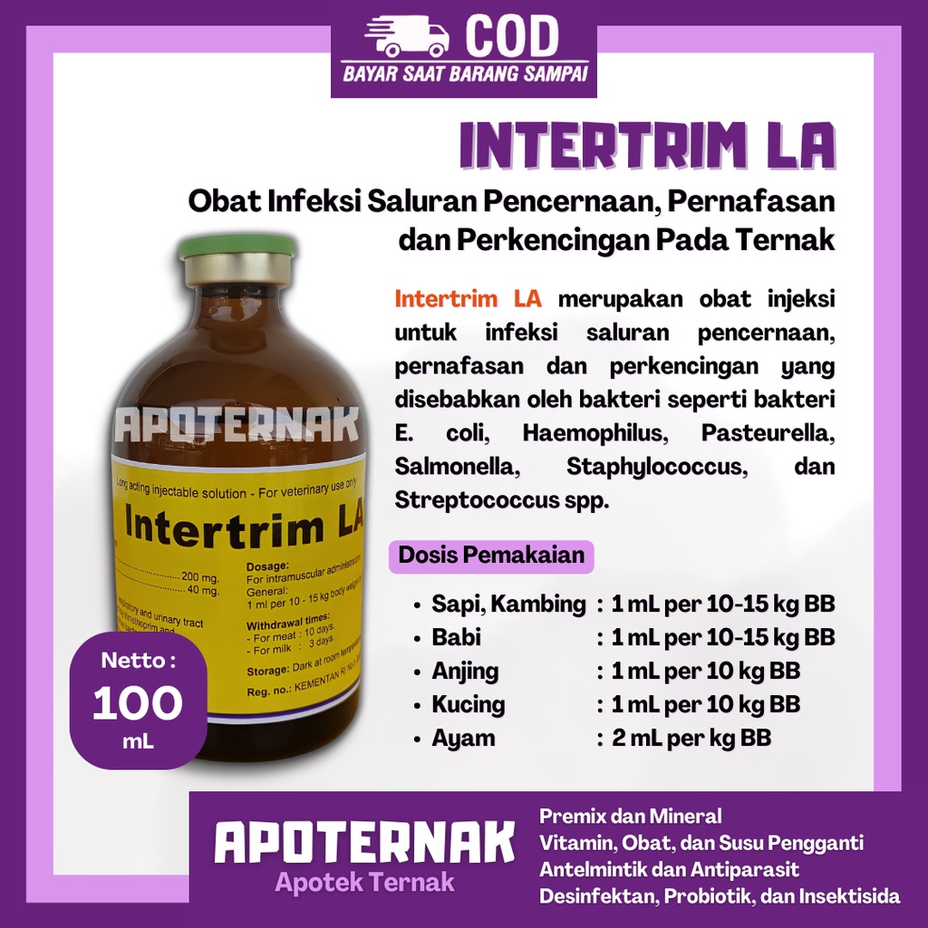 INTERTRIM LA 100 ml | Obat Infeksi Saluran Pencernaan Pernafasan dan Pekencingan Sapi Kambing Anjing Kucing Babi Ayam | Intertrim Long Acting | Apoternak