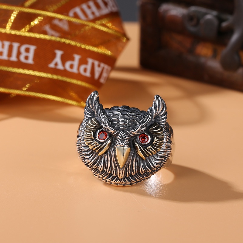 Cincin Model Terbuka Desain Burung Hantu Mata Merah Lapis silver Untuk Pria