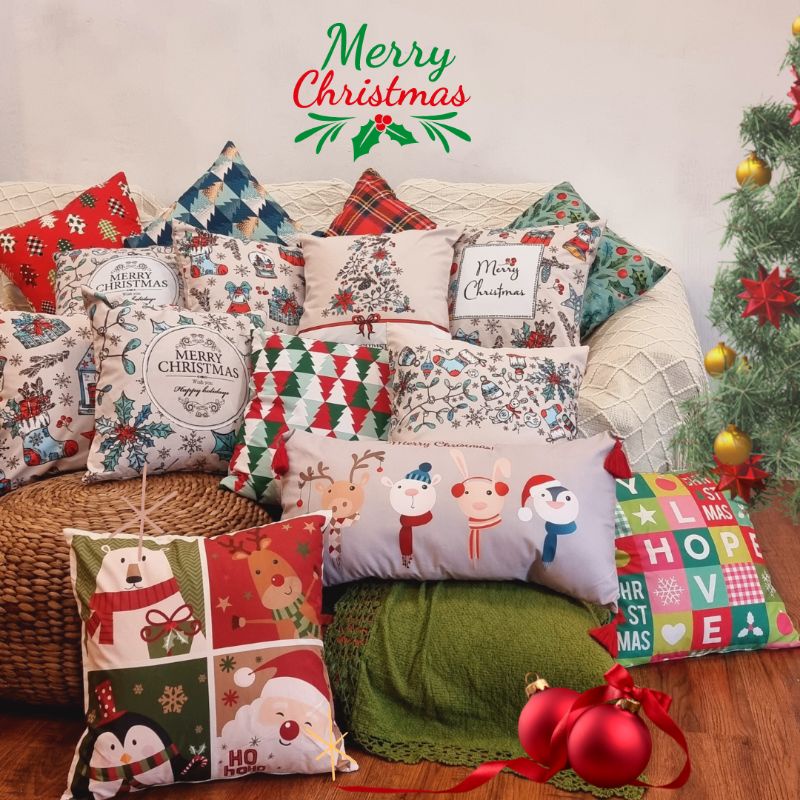SARUNG BANTAL SOFA PRINT MOTIF NATAL / CHRISTMAS / POHON NATAL / SANTA KLAUS / SNOWMAN  40X40 CM