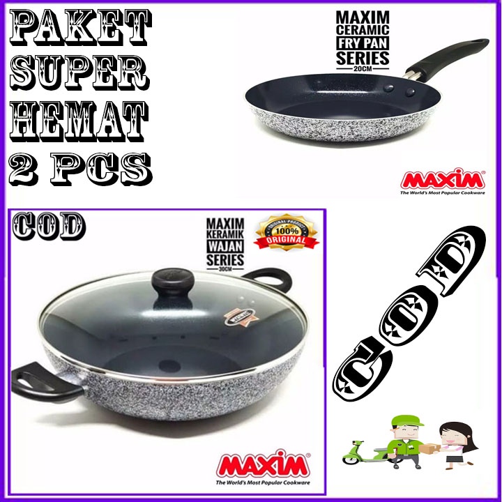 MAXIM CERAMIC WOK 30 CM TUTUP KACA ORI + 20CM FRYPAN