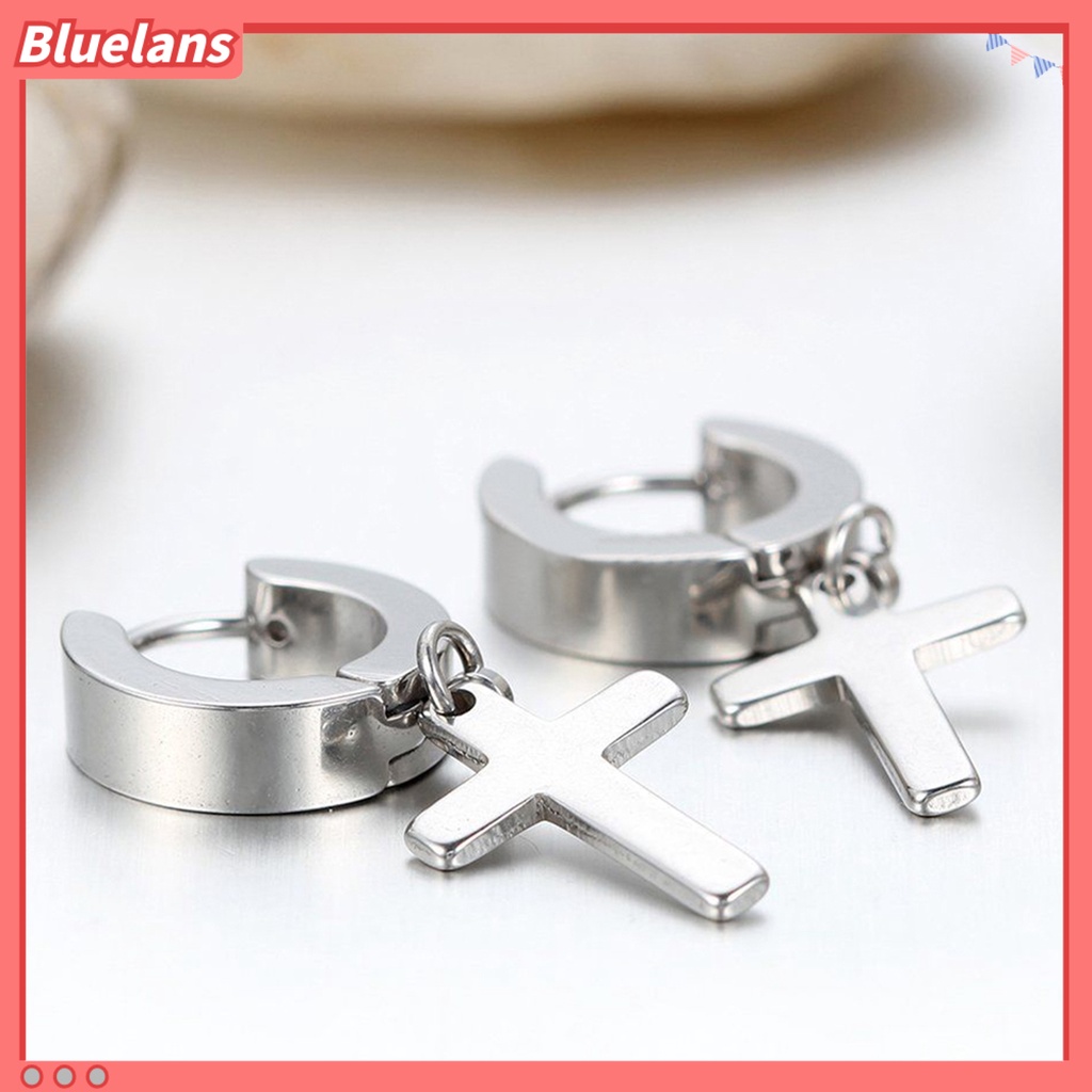 Bluelans 1 Pair Ear Dangle Cross Pendant Eco-friendly Stainless Steel Huggie Hinged Hoop Earrings for Men