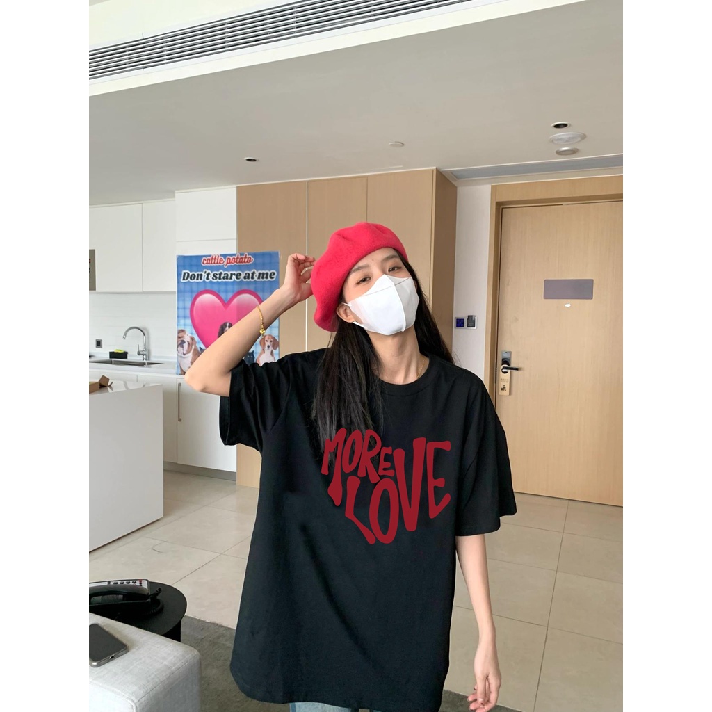 EUNII T-shirt Lengan Pendek Red Heart Korean Style/Kaos Atasan Wanita/Baju Kaus Oversize Wanita