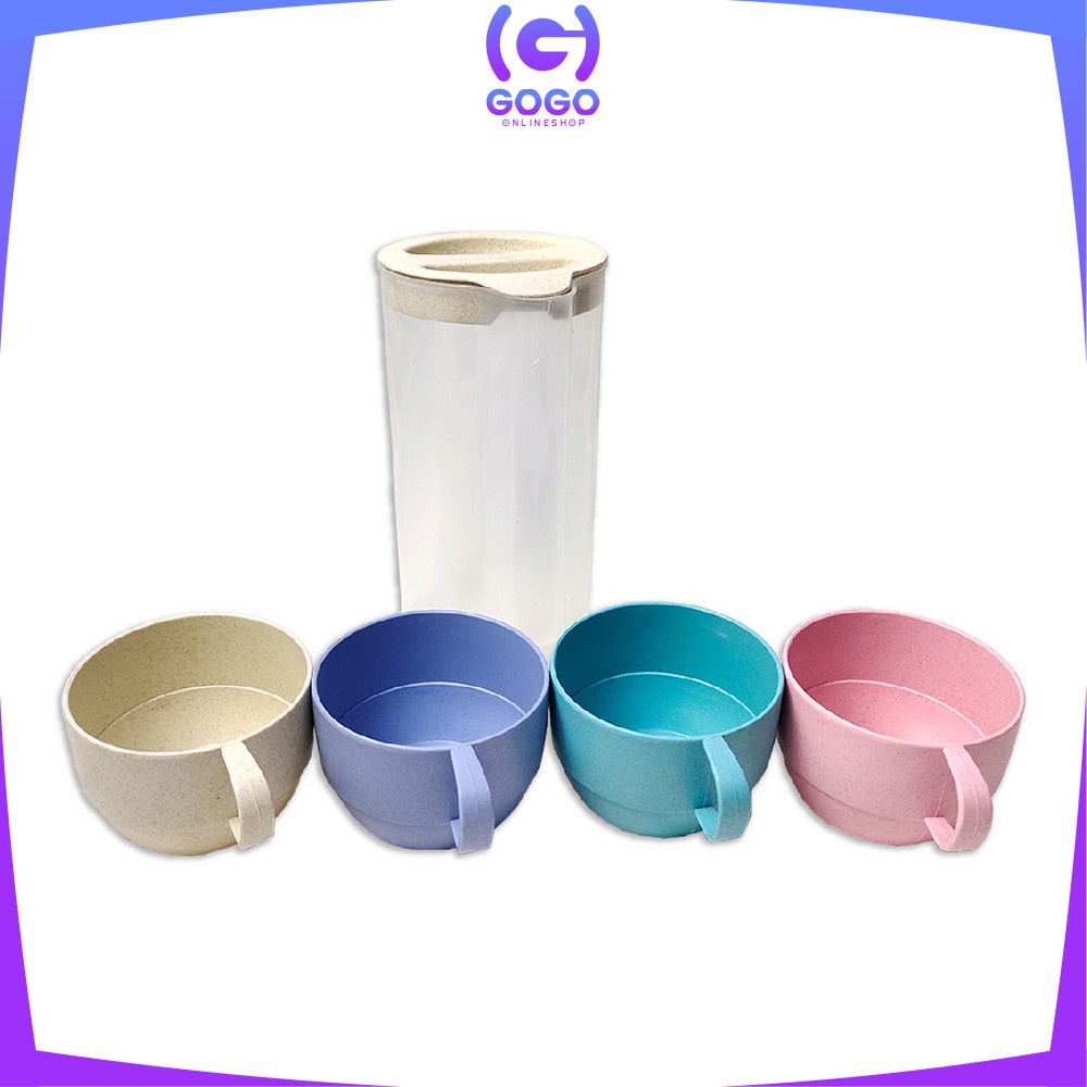 GOGO-C457 Teko Air Set Cangkir Gelas Wadah Plastik 4IN1 Ceret Air Dingin Wheat Straw Food Grade BPA Free