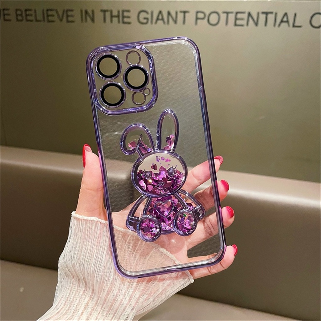 Case Pelindung Lensa Kamera Desain Kartun Kelinci 3D Warna Ungu Untuk iphone 14 pro max 14 plus 12 13 pro max