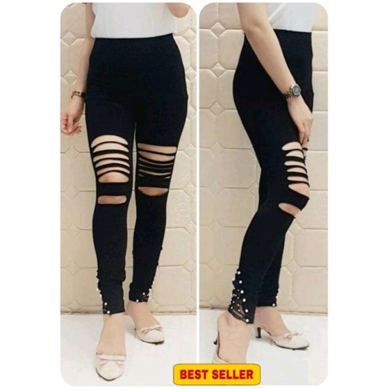 Legging Wanita Import Premium Brukat Sobek Sobek Fit S to XXL Jumbo