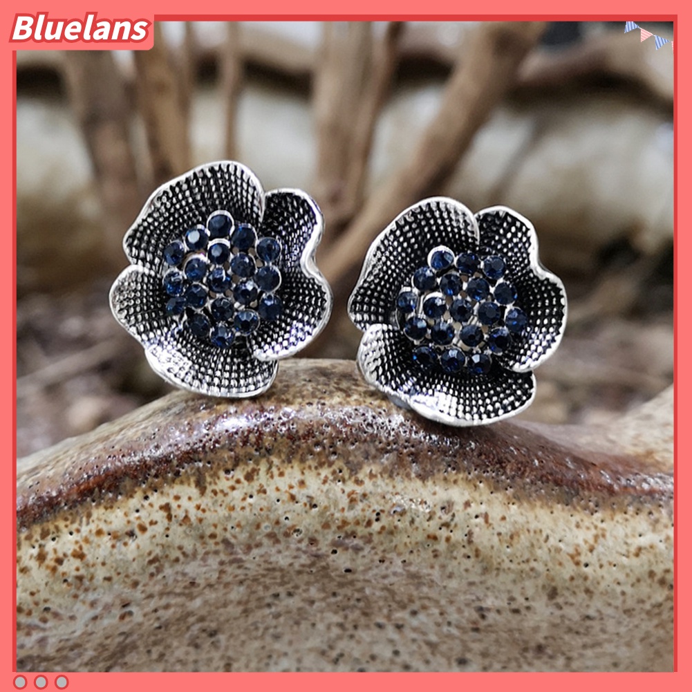 Bluelans Vintage Women Rhinestone Inlaid Rose Flower Shape Stud Earrings Jewelry Gift