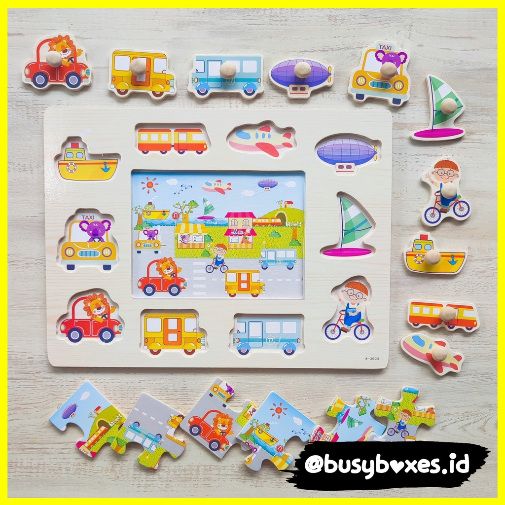 Busyboxes.id Mainan anak edukasi anak 1 2 3 tahun laki laki perempuan mainan edukasi Montessori puzzle jigsaw 3d kayu  kendaraan transportasi  seri -  6 keping