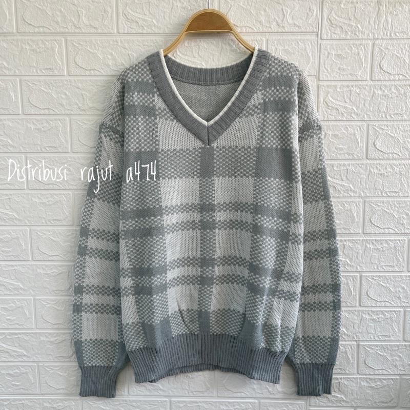 BIG SIZE SWEATER RAJUT KOREA TARTAN ATASAN LIDYA DANIRA OVERSIZE MOTIF KOTAK KERAH V