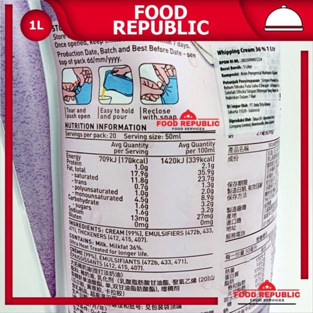 Tatua Whipping Cream 1 LTR Import New Zealand Kualitas Premium