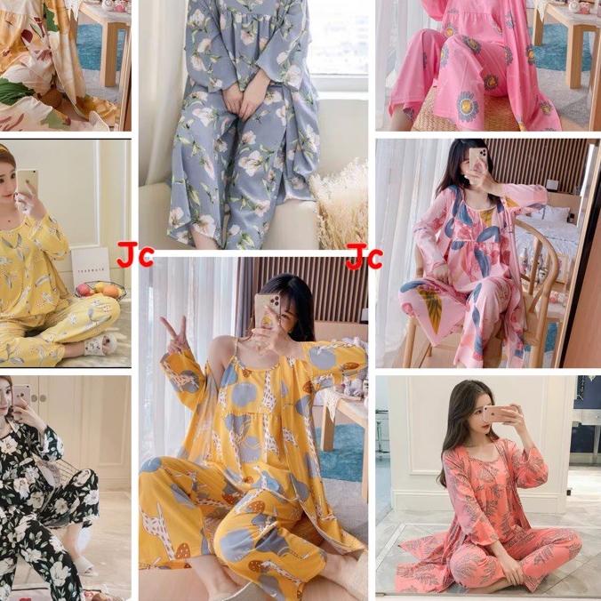 Terbaik..!! JC- Set Kimono 3in1 PP Import / Baju tidur Kimono Set Kekinian / Set Kimono wanita terba