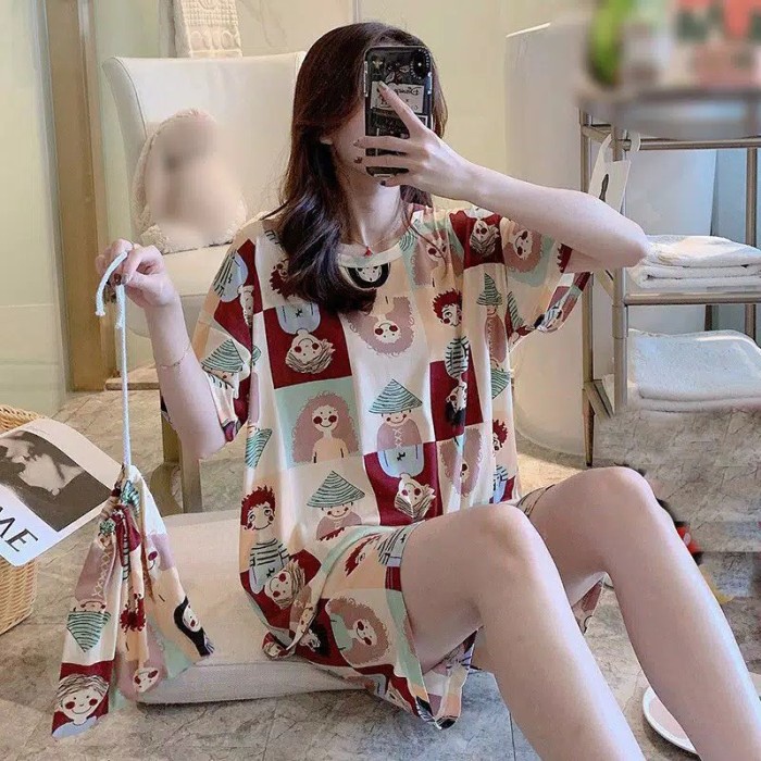 Wardrobe Setelan Baju Tidur Wanita Import Jumbo Big Size Kaos Celana Pendek Tas