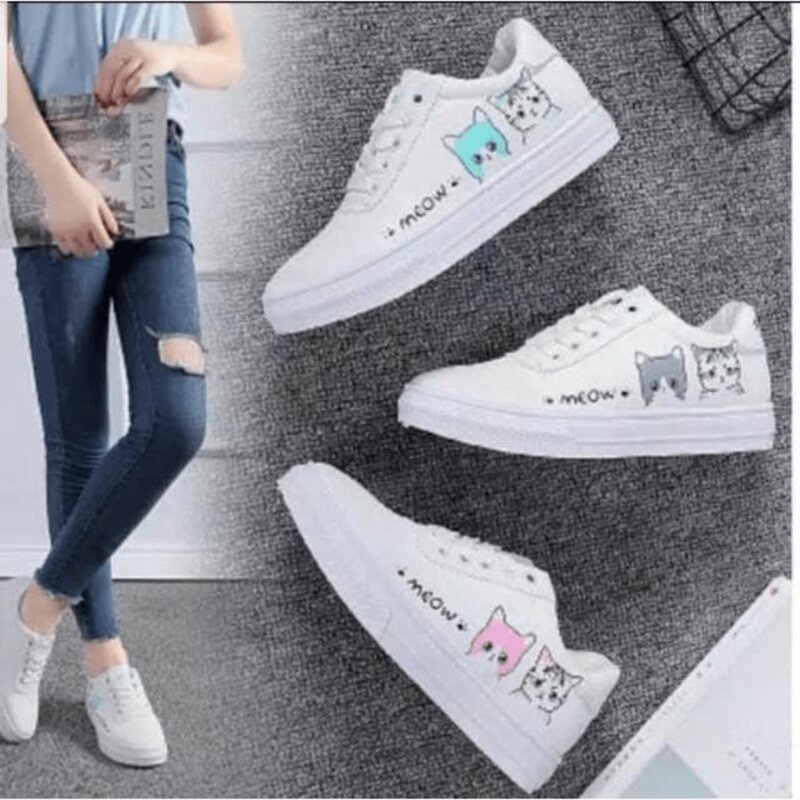 SEPATU SNEAKERS WANITA KASUAL MEOW LUCU / SEPATU WANITA FASHION SEKOLAH PUTIH KEKINIAN COD