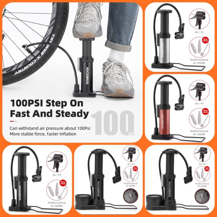 ROCKBROS Pompa Sepeda 80 / 100 PSI Portable AV/FV Cycling Pump Original