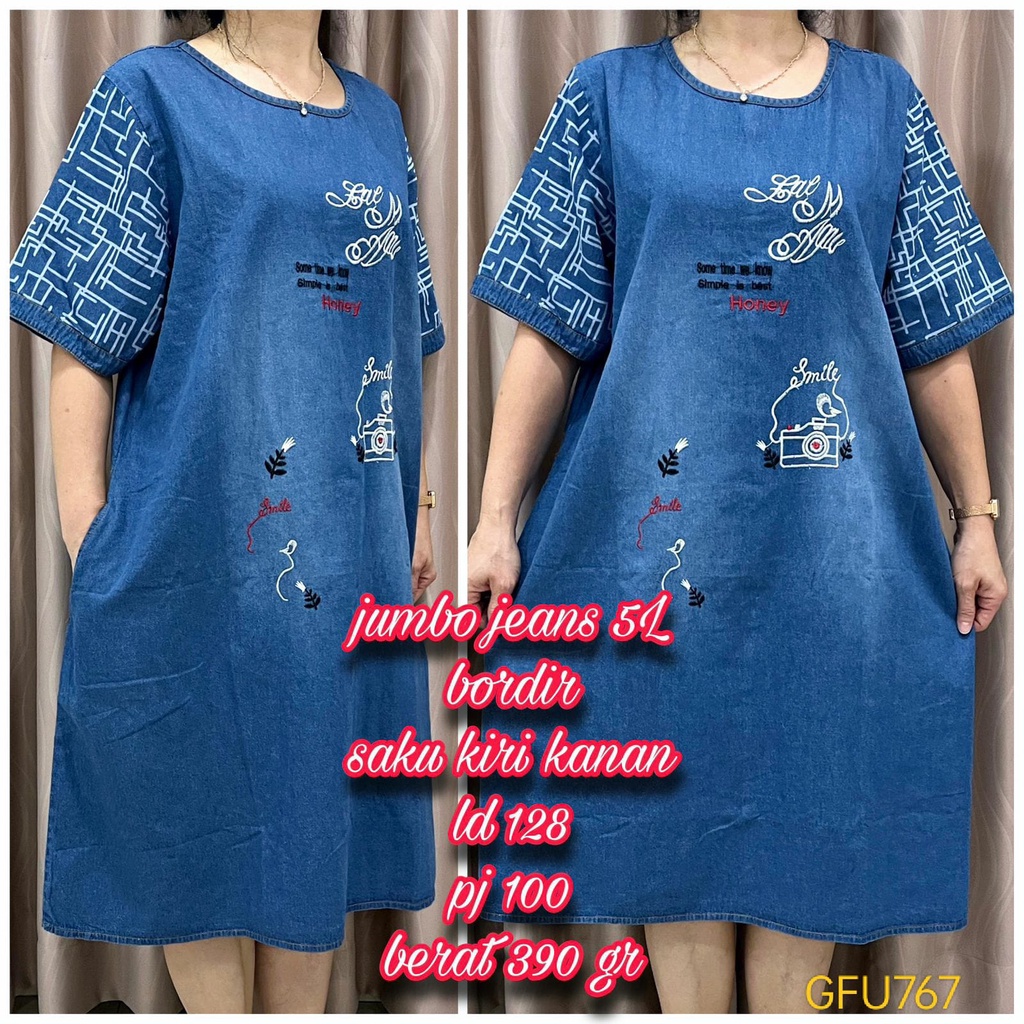 GFU767 Dress Wanita Jeans Jumbo 5L Bordir Saku Kiri Kanan LD128 PJ100