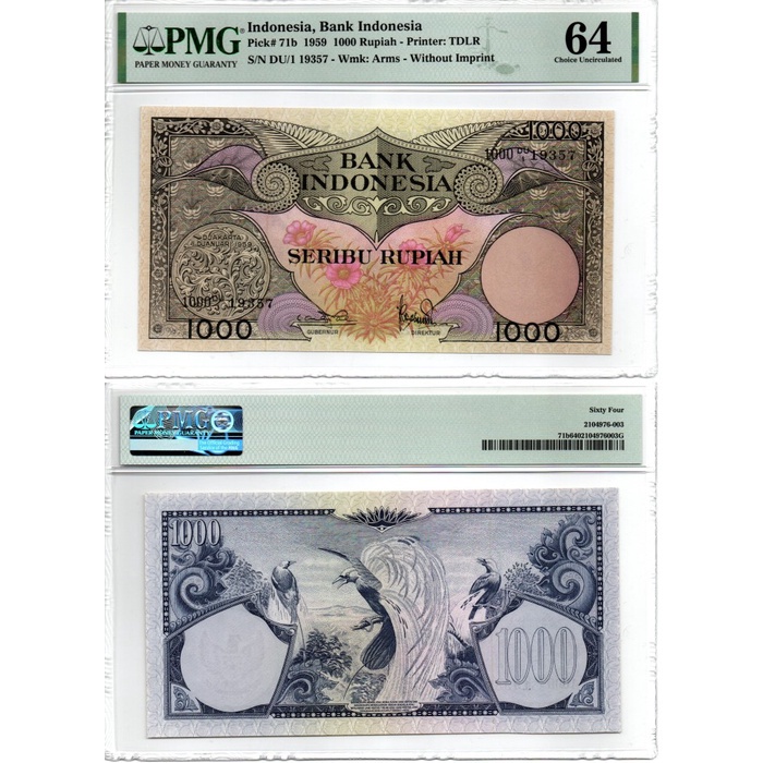 Uang Kertas 1000 Rupiah Seri Bunga Tahun 1959 PMG 64