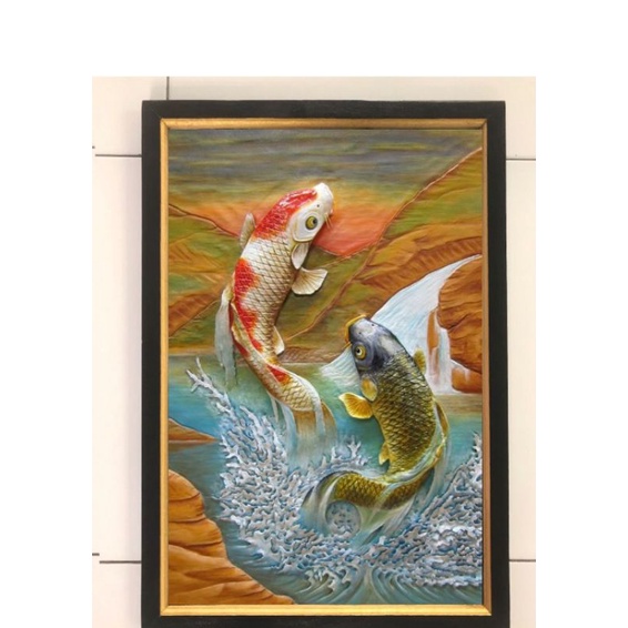 Hiasan dinding cetak gambar lukisan ikan koi melompat plus bingkai ukuran 45x65cm