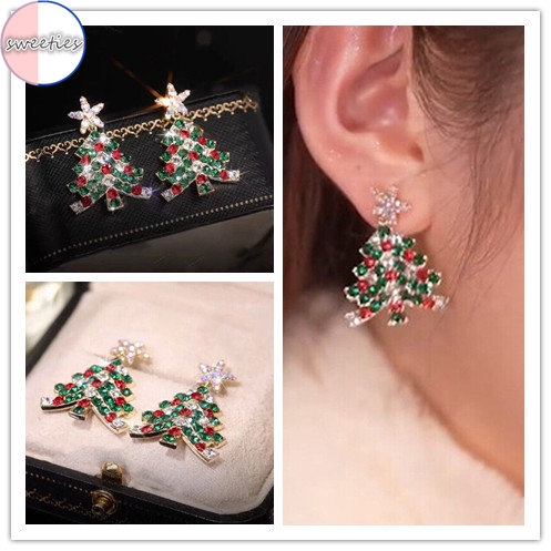 1 Pasang Anting Tusuk Gantung Desain Bintangpohon Natal Hias Berlian Gaya retro Berkilau Untuk Wanita