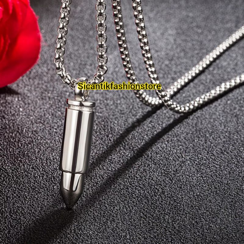 Kalung Titanium Plus Liontin Peluru Fashion Pria Terlaris Anti Karat Selamanya Kalung Pria Bandul Peluru Silver 50CM Perak Silver 925