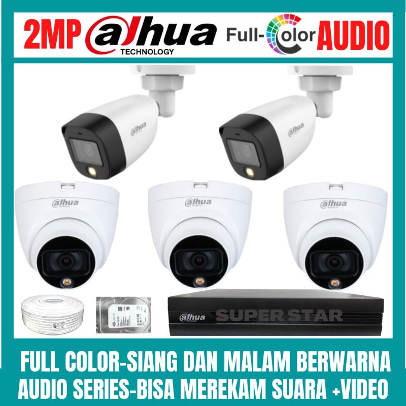 PAKET CCTV DAHUA FULL COLOR 2 MP 8 CHANNEL 5 KAMERA AUDIO COLORVU