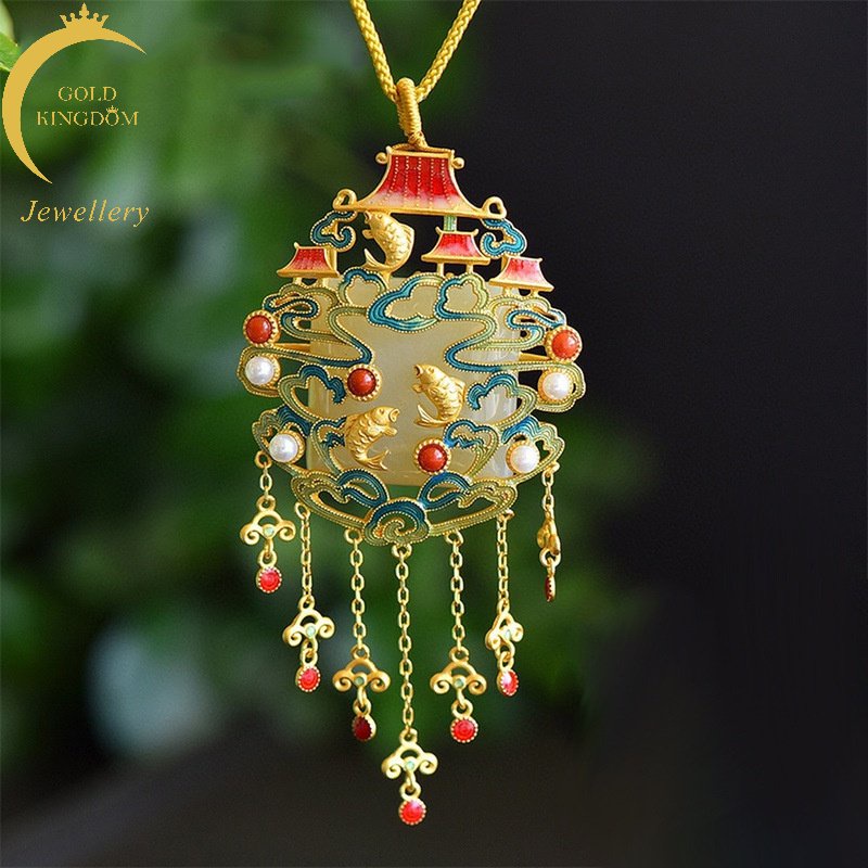 Goldkingdom Fashion Perhiasan Emas Asli Kadar 375 Bangkok Aksesoris Ready Stock Longmen Ikan Melompat Alami Hetian Giok Liontin Berlapis Metode Kuno Emas Retro Kalung Perempuan