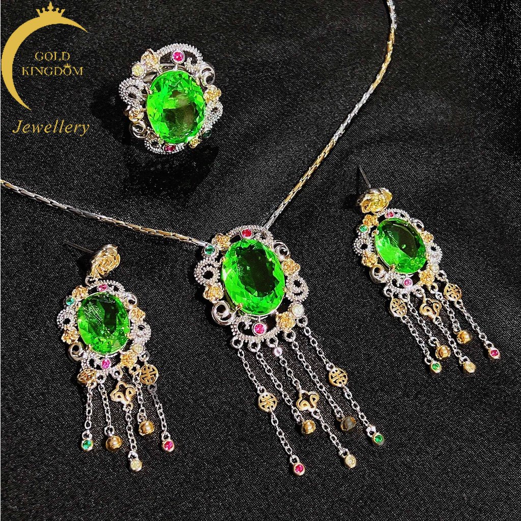 Goldkingdom Perhiasan Fashion 24K Bangkok Aksesoris Ready Stock Itali Vintage Emas Asli Kadar 375 Peridot Set Fringe Kalung Anting Panjang Warna Harta Karun Cincin Yang Dapat Disesuaikan