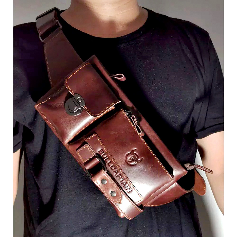 Waistbag Slingbag Tas Dada pinggang pria Full Kulit Asli Pull Upp