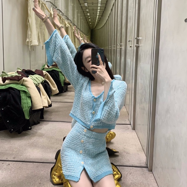Dua setelan one-piece wanita musim semi dan musim panas rami jarum tebal benang bulu mata setelan ro