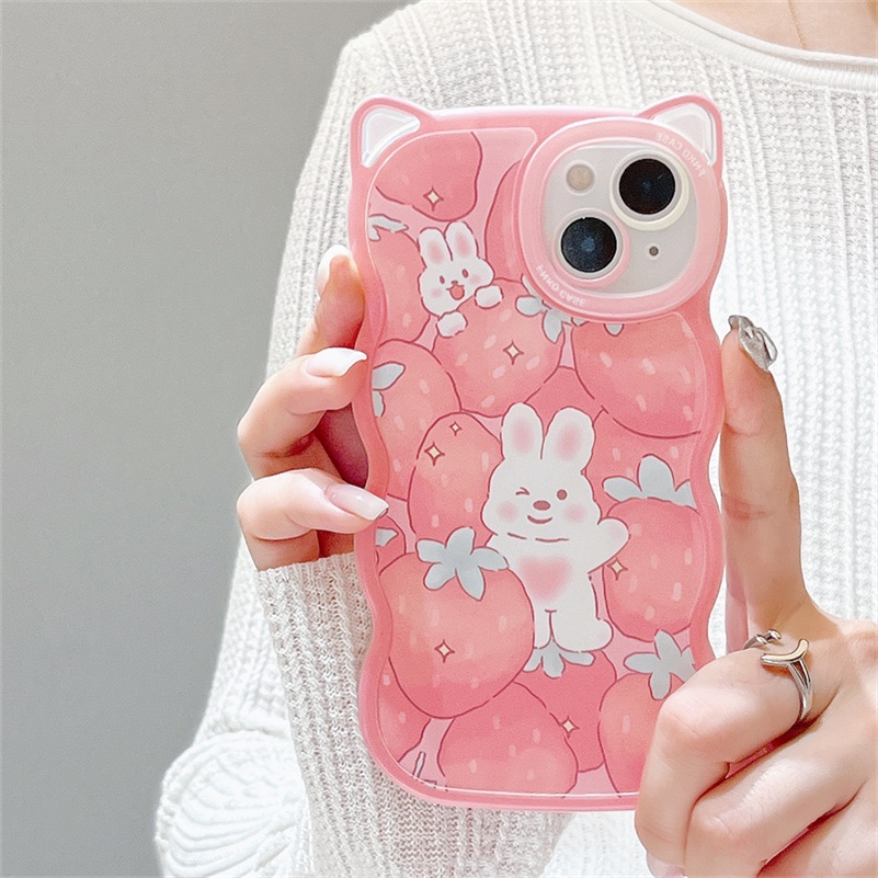 Soft Case Silikon Motif Strawberry Kelinci Untuk Iphone 14 13 12 11 Pro Max X Xr Xs Max 8 7 6 6s Plus SE 2020