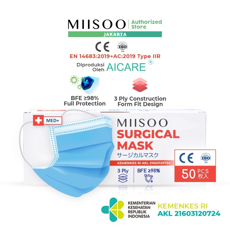 MIISOO Facemask Surgical Masker Medis 3ply 50s Masker Bedah oleh Aicare Izin Edar / Kemenkes