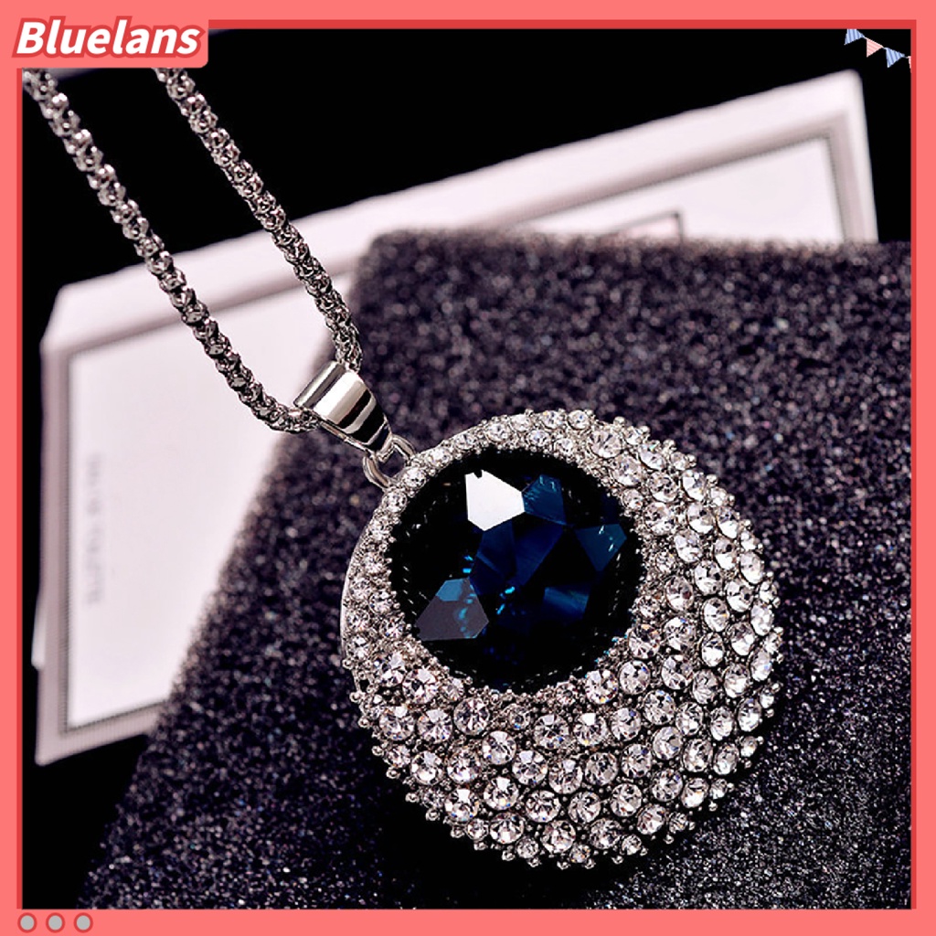 Bluelans Kalung Rantai Panjang Liontin Bulat Aksen Berlian Imitasi Gaya Vintage Untuk Wanita